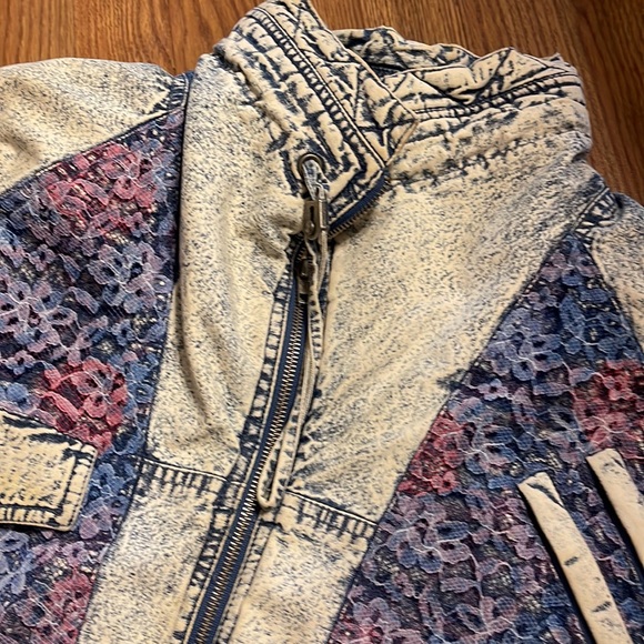 Vintage Acid Wash Denim Tie Dye Lace Quilted Puffer Stand Collar Jacket - Picture 3 of 12